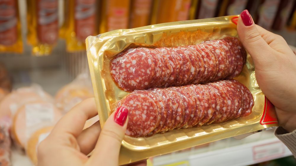 sausage for sandwich packed in a plastic bag at supermarket